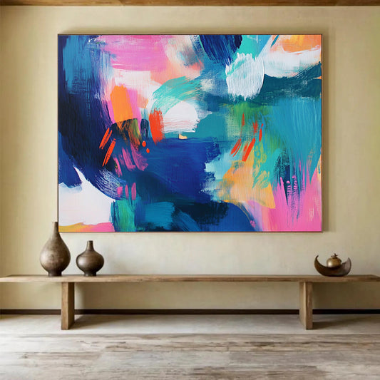 “Color Burst Chaos” - Blue, Pink, Orange, Abstract Brushstrokes Painting On Canvas HB0736