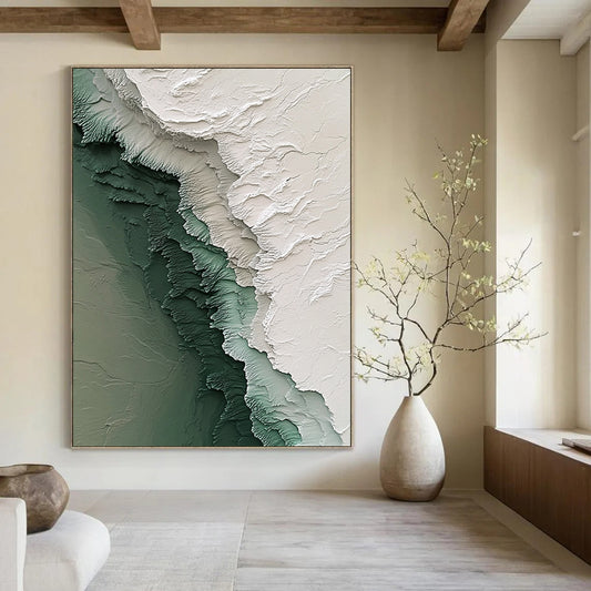 Contemporary hand-painted abstract art featuring intricate Antarctic ice textures with flowing icy streams in white green and gray tones. DLZ1180