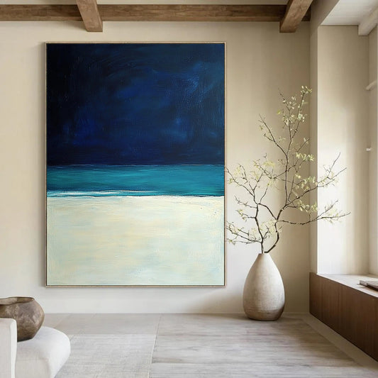 Contemporary hand-painted abstract art featuring a serene white sand beach under a dark blue sky, inspired by the style of Mark Rothko. DLZ0405