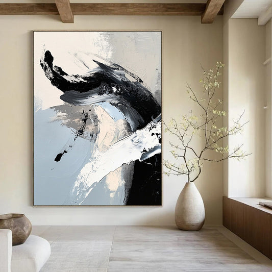 Contemporary abstract painting features striking black and white brushstrokes with a dragon-like shape in ink-like detail, embodying minimalistic expressionism. DLZ0736
