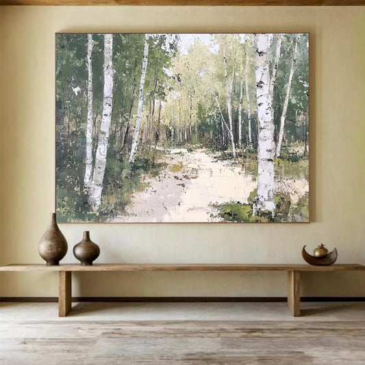 “Birch Forest Path” - Greens, Whites, Earthy Browns, Forest Path - Oil Painting HB1619