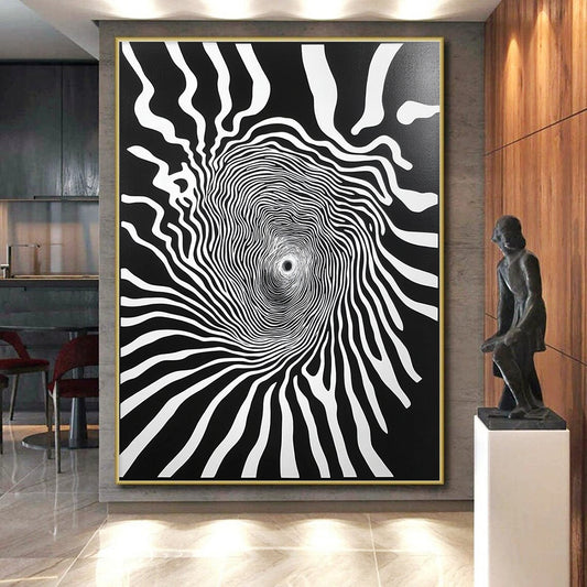 Black and White Spiral Lines "Infinite Spin" Painting On Canvas HB269