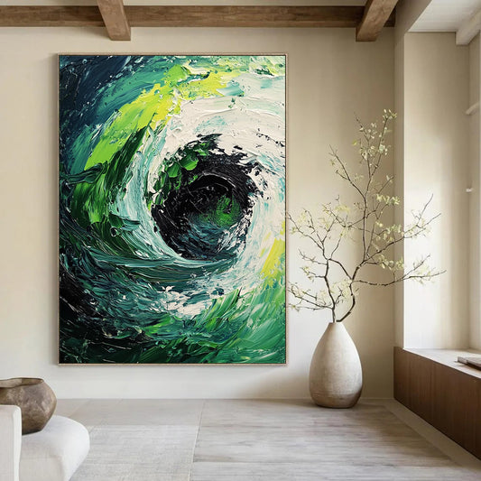 Contemporary abstract painting featuring a dynamic whirlpool of dark green and white waves with bold brushstrokes and striking light-dark contrast. DLZ1229