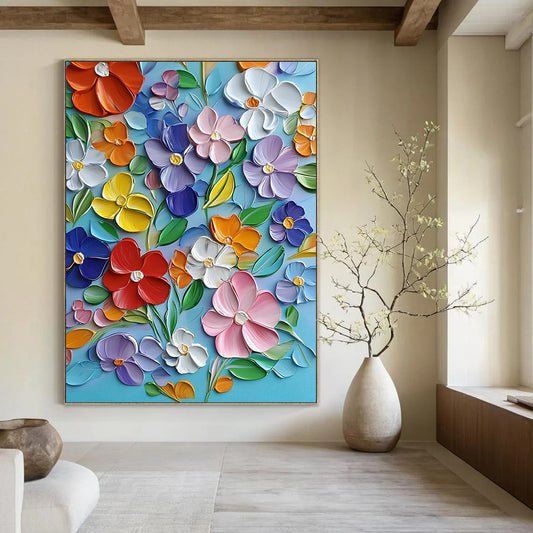 Vibrant contemporary hand-painted abstract artwork featuring blooming flowers in bold colors with textured strokes on a light blue canvas. DLZ1493