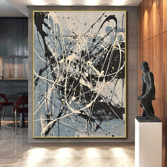 Gray, Black, White, Yellow, Splattered Cords "Dynamic Network" Abstract Expressionist Painting On Canvas HB066