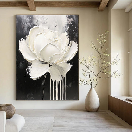 Contemporary abstract oil painting featuring a white rose with dripping paint on a minimalist black and gray background, showcasing intricate details and expressive petals. DLZ0829
