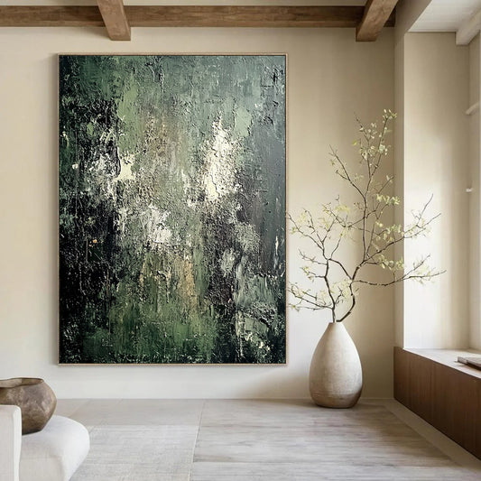 Contemporary hand-painted abstract artwork featuring a textured mossy green wall with peeling paint and a contrasting dark gray background. DLZ0582