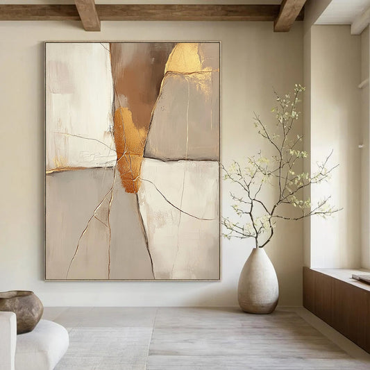 Contemporary hand-painted abstract artwork featuring a beige background with golden cracks and neutral tones in brown and gold. DLZ0290
