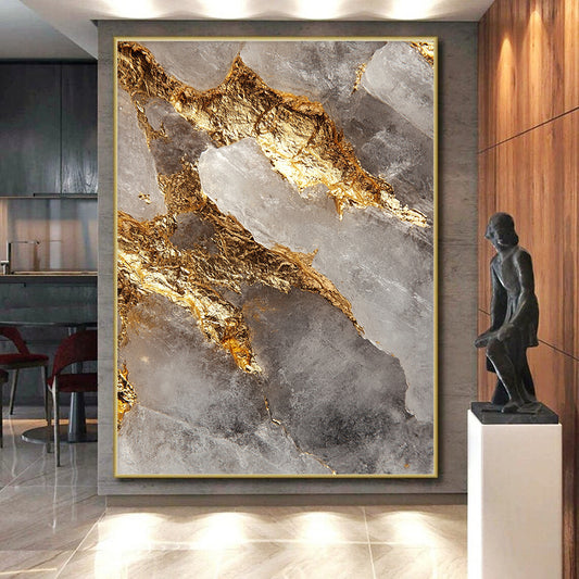 Clear Crystal, Gold Veins, Geometric Shapes "Elegant Fusion" Abstract Geode - Inspired Painting On Canvas HB041
