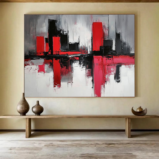 “Abstract Cityscape in Red and Black” - Red, black, white, gray; Abstract cityscape with reflection effects; Acrylic Painting On Canvas HB1272