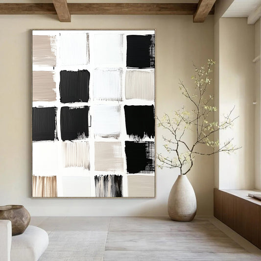 Large contemporary hand-painted abstract artwork featuring a minimalist grid of black and white squares with varied color intensities in a neutral palette. DLZ1268