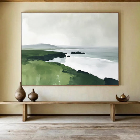 “Coastal Cliffs in Green & Gray” - Lush green, muted gray, white sea, Modern Landscape Painting On Canvas HB0611
