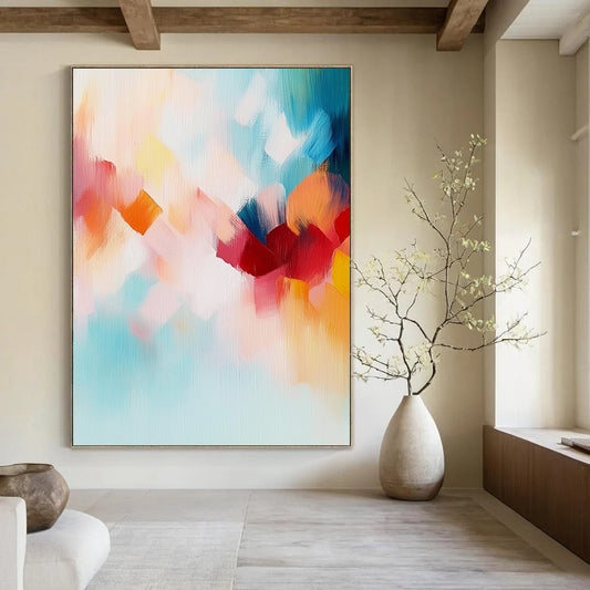 Contemporary abstract painting features soft pastel tones and a joyful blend of turquoise, red, orange, and cloud-like shapes to evoke freedom and nature. DLZ0441