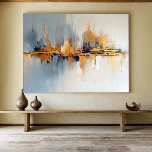 “Abstract Cityscape with Reflection” - Gray, blue, gold; Abstract cityscape with reflective elements; Acrylic Painting On Canvas HB1243