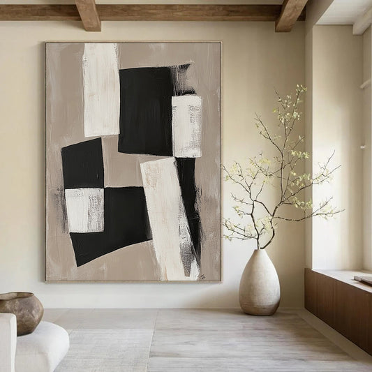 Large contemporary abstract painting featuring black and white organic blocks on a beige background connected by delicate lines for a unified minimalist design. DLZ1026