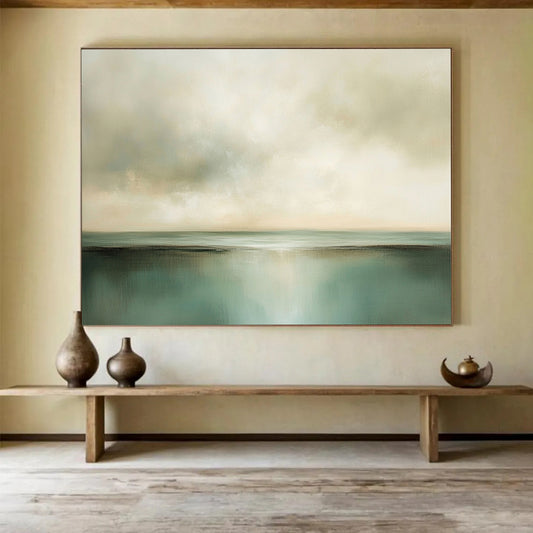 “Soft Green Horizon” - Green, Beige, Calm Sky and Water Painting On Canvas HB0930
