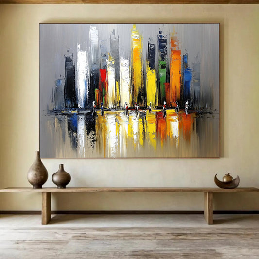 “Vibrant Cityscape with Figures” - Gray, Yellow, Red, Blue, Colorful Urban Scene - Impasto Acrylic Painting HB1669