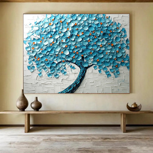 Blue, Orange and White Textured Tree "Vibrant Canopy" Painting On Canvas HB0424