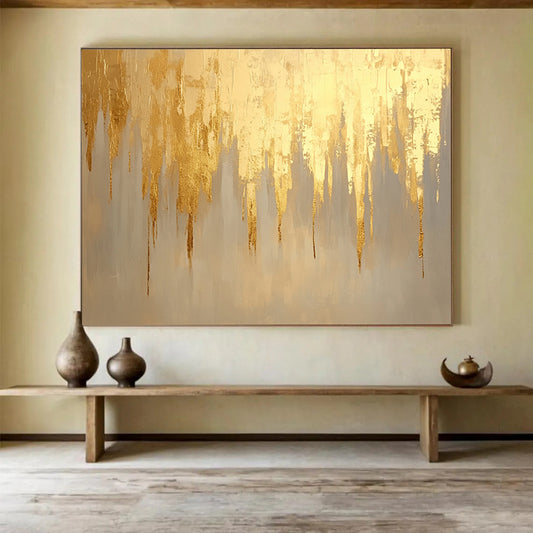 “Gold Drip Abstract” - Gold, Beige, Gray, Dripping Forms - Painting On Canvas HB1429