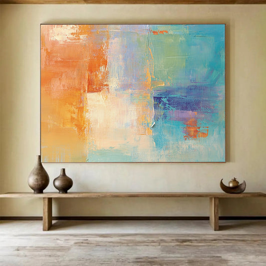 “Colorful Abstract Blend” - Orange, blue, purple, beige; Abstract color - block blend; Acrylic Painting On Canvas HB1276