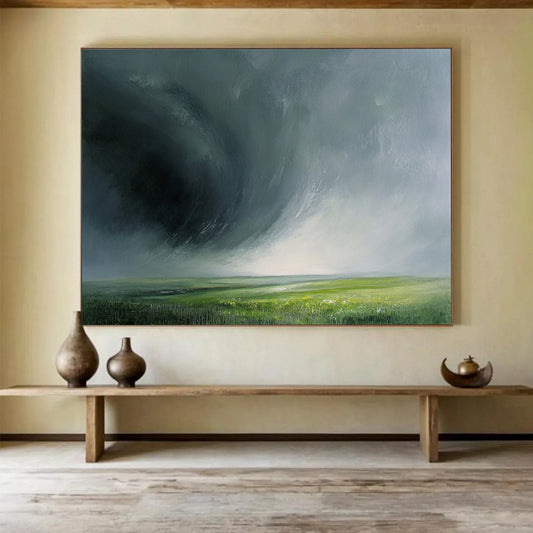 “Stormy Green Horizon” - Dark gray storm, lush green field, Dramatic Landscape Painting On Canvas HB0579