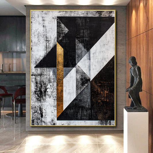 Black, White, Gray, Gold, Textured Triangles "Gilded Edges" Abstract Cubist - Inspired Painting On Canvas HB109