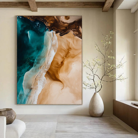 Contemporary hand-painted abstract art featuring ocean waves and sandy beaches in light brown and blue hues, capturing natural beauty and serene tones. DLZ1484
