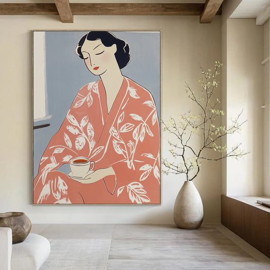 Contemporary abstract artwork features a woman in a pink kimono holding tea adorned with a white flower pattern inspired by Matisse's vibrant style. DLZ1597