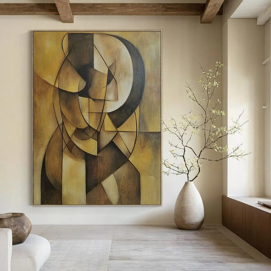 Contemporary hand-painted abstract artwork featuring geometric shapes and earthy tones on a muted yellow background, emphasizing depth and simplicity. DLZ1238
