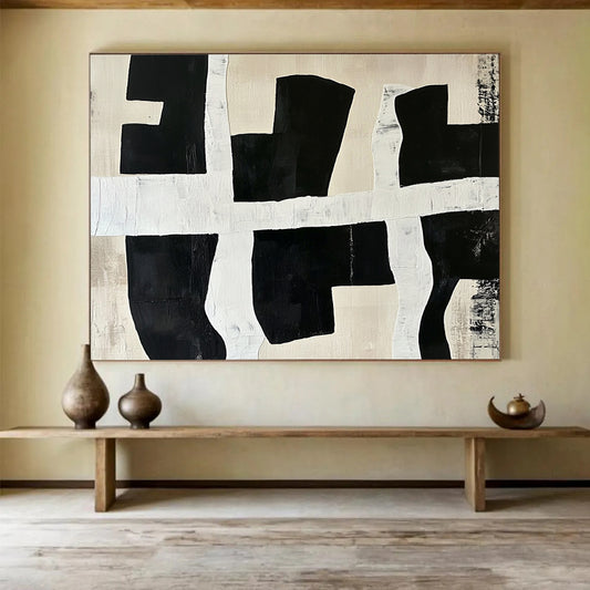 “Black - White Grid Shapes” - Black, white, beige, Abstract Geometric Painting HB0640