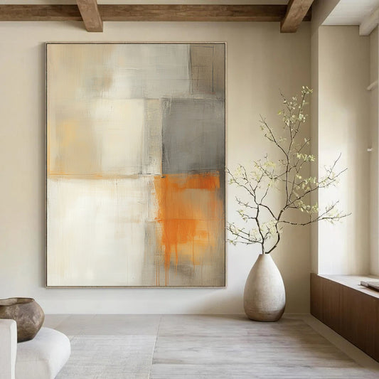 Contemporary hand-painted abstract artwork featuring light gray white and orange hues with a minimalistic building and soft shadows for a tranquil atmosphere. DLZ0986