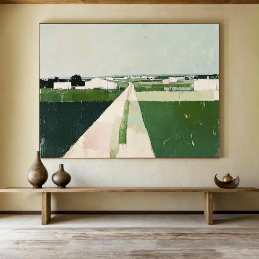 “Rural Pathway” - Green, White, Pastel Tones, Abstract Landscape - Acrylic Painting HB1480