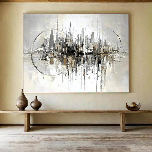“Abstract Cityscape Reflection” - Gray, Beige, City, Reflection Painting On Canvas HB0765