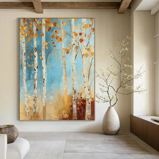 Contemporary abstract painting featuring a tranquil birch forest with autumn hues in soft blues and golds, adding warmth to your space. DLZ1456