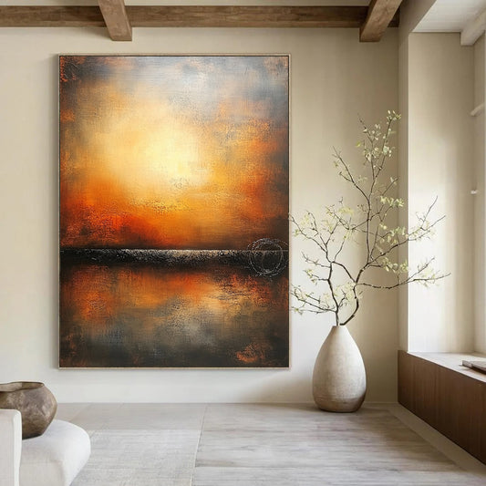 Contemporary hand-painted abstract art featuring an endless horizon in warm colors and muted tones on a textured canvas. DLZ0887