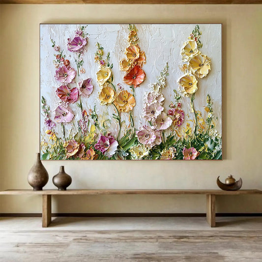 “Textured Floral Burst” - Pinks, Yellows, Purples, 3D Flower Relief - Palette Knife Floral Painting HB1558