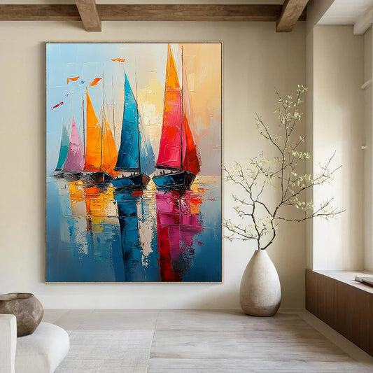 Contemporary abstract painting showcasing vibrant sailboats on shimmering waters with bold brush strokes and dynamic reflections under a light blue sky. DLZ1698