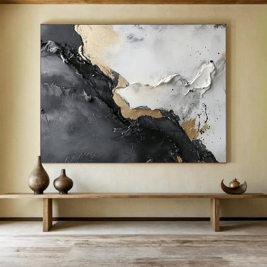 Textured Gray, Black, and Gold Abstract - Luxe Impasto Painting On Canvas HB0494