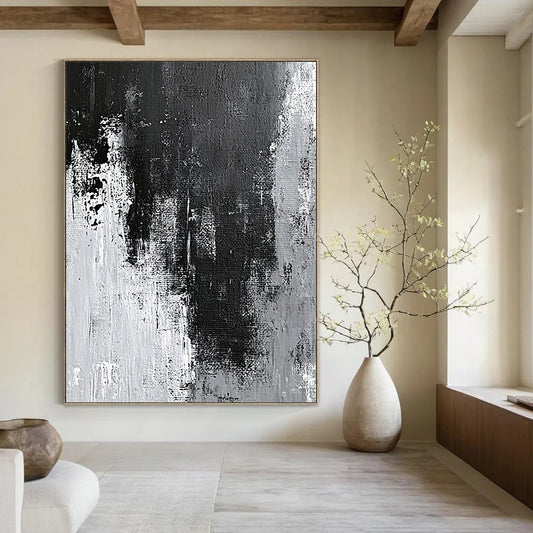 Contemporary hand-painted abstract artwork showcasing intricate gray and black textures with white wall effects and dynamic paint streaks and splashes. DLZ0395