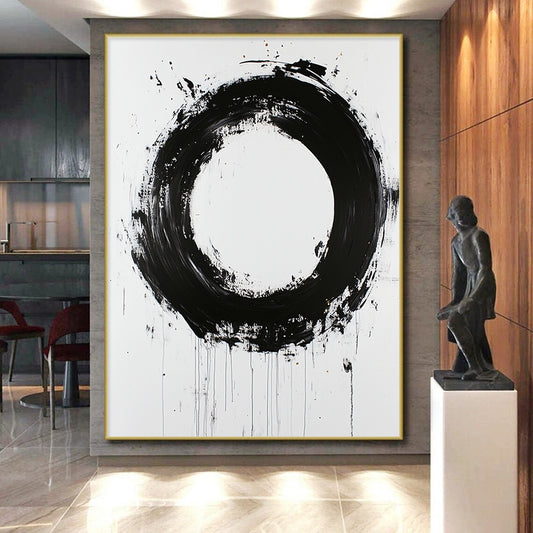 White, Black and Gold Abstract Circle "Zen Enso" Painting On Canvas HB365