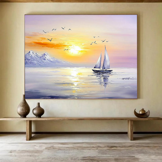 “Sailboat Under Mountain Sunset” - Oranges, Yellows, Purples, Sailboat, Mountains, Birds - Impasto Oil Painting HB1736