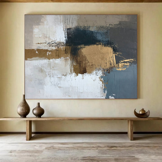 “Subtle Blends” - Beige, Blue, Gold, Textured Abstract Blocks Painting On Canvas HB1043