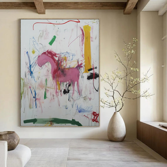 Contemporary abstract artwork featuring vibrant marker scribbles a pink horse a green river a yellow tower and a red arrow accentuating the composition. DLZ1011