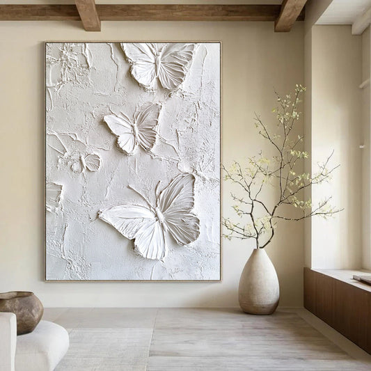 Contemporary abstract artwork featuring white butterflies on a textured plaster wall, enhanced high-definition texture detail for a striking visual impact. DLZ1739