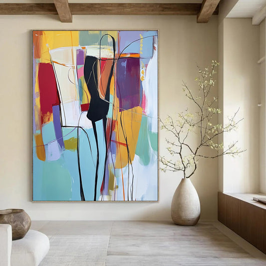 Contemporary hand-painted abstract art featuring light blue hues with vibrant reds yellows greens and purples depicting a figure in a black suit. DLZ0996
