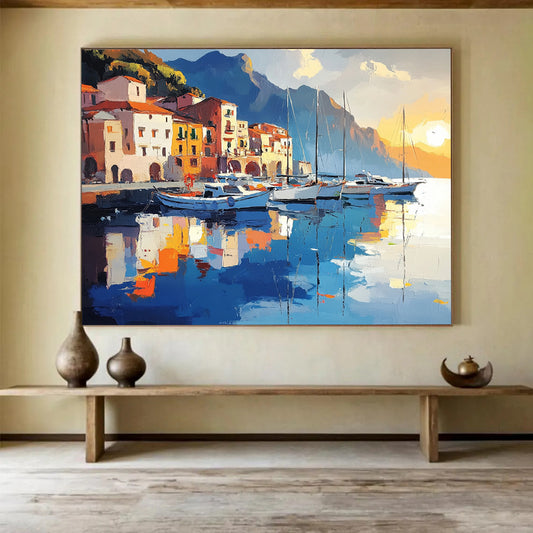 “Harbor Sunset Reflections” - Warm Oranges, Yellows, Cool Blues, Harbor at Sunset - Impasto Oil Painting HB1748