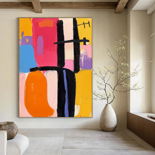 Bold contemporary abstract artwork featuring vibrant pink orange yellow blue black and purple shapes inspired by Frank Kline's dynamic style. DLZ0931