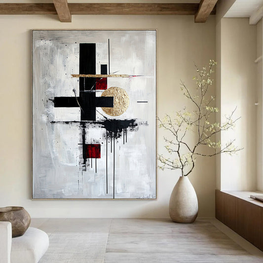Black, White, Gold, Red with Bold Forms "Artistic Fusion" Abstract Painting On Canvas HB005
