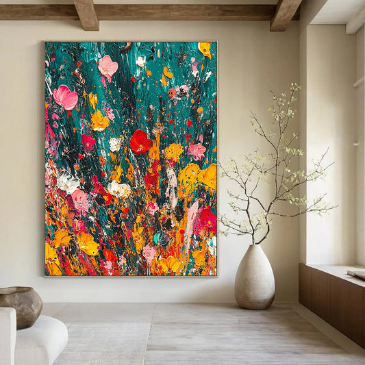 Vibrant contemporary abstract painting featuring lush emerald green and dynamic splashes of color creating a joyful and playful atmosphere. DLZ1175