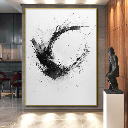 Black and White Splattered Crescent "Energetic Fragment" Painting On Canvas HB267